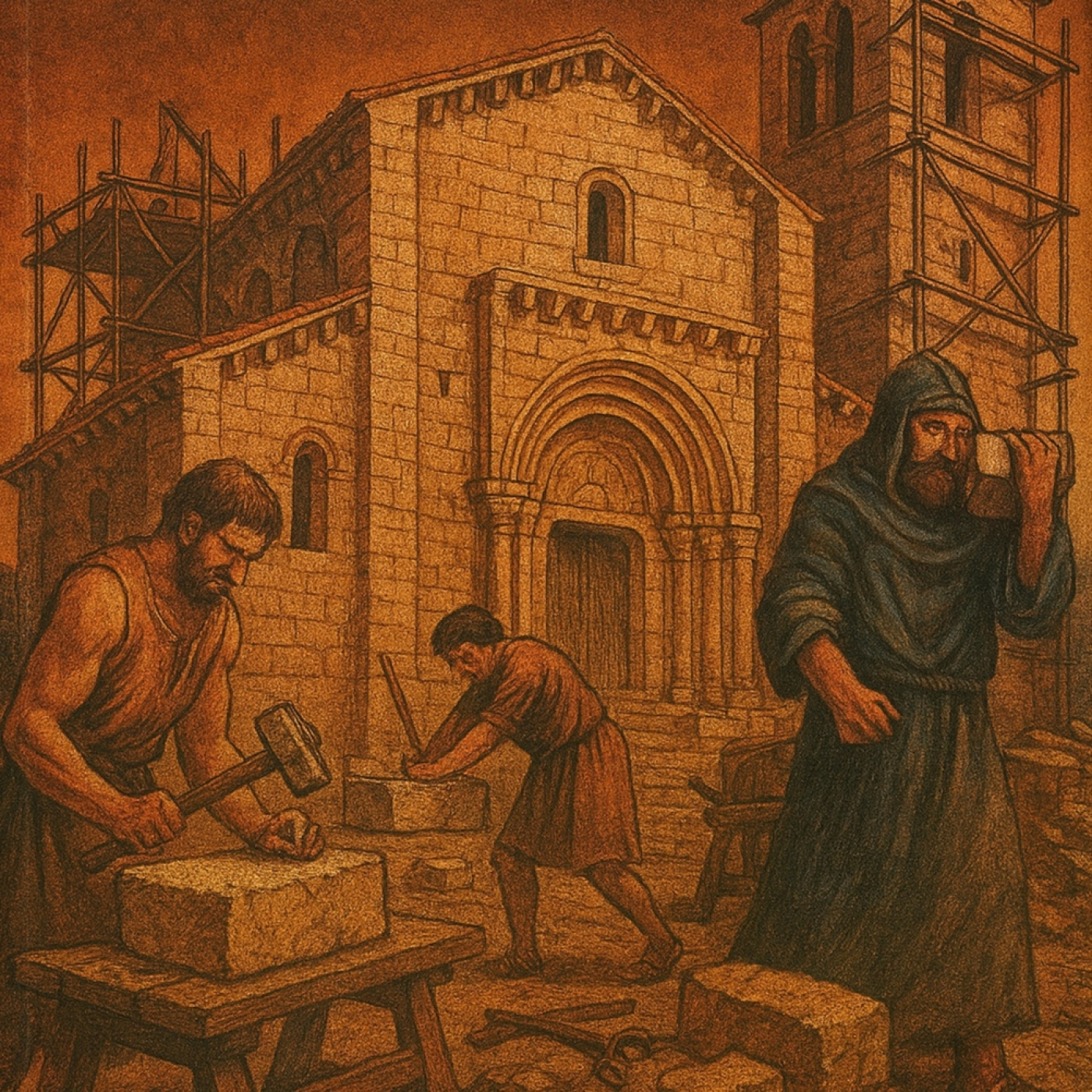 Recreación de la construcción de una iglesia románica en un pueblo de Palencia del siglo XII